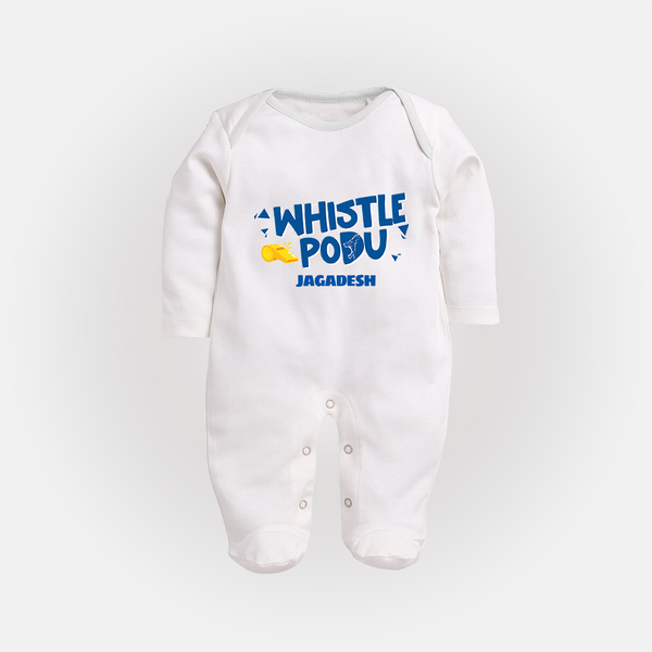Whistle Podu - Feel The Cricket Fever With Our Customized IPL-Themed Sleep Suit For Babies With Baby Name - WHITE - New Born (Chest 7.5")