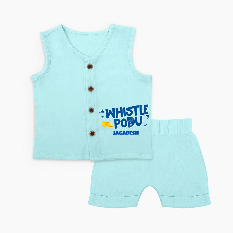 Whistle Podu - Feel The Cricket Fever With Our Customized IPL-Themed Jabla Set With Baby Name - BABY BLUE - 0 - 3 Months Old (Chest 9.8")