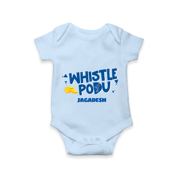 Whistle Podu - Feel The Cricket Fever With Our Customized IPL-Themed Romper For Babies With Baby Name - BABY BLUE - 0 - 3 Months Old (Chest 16")