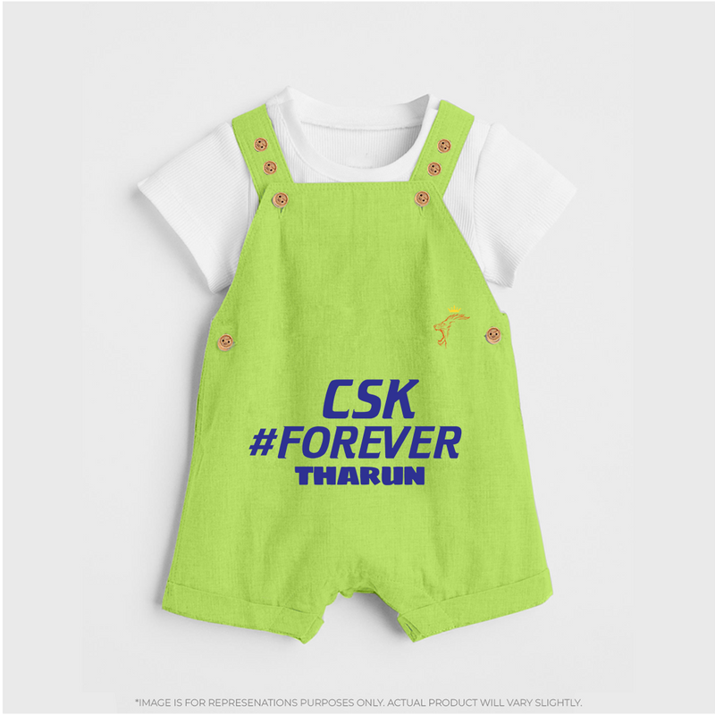 CSK #Forever - Feel The Cricket Fever With Our Customized IPL-Themed Dungaree For Kids With Baby Name - GREEN - 0 - 5 Months Old (Chest 18")