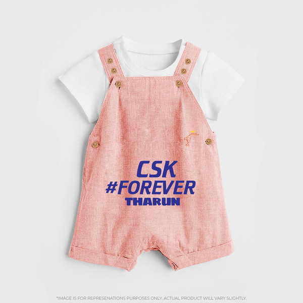 CSK #Forever - Feel The Cricket Fever With Our Customized IPL-Themed Dungaree For Kids With Baby Name - PEACH - 0 - 5 Months Old (Chest 18")
