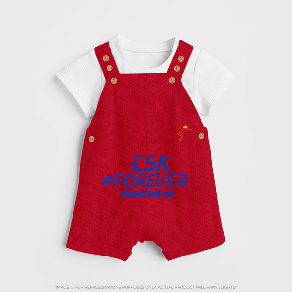 CSK #Forever - Feel The Cricket Fever With Our Customized IPL-Themed Dungaree For Kids With Baby Name - RED - 0 - 5 Months Old (Chest 18")