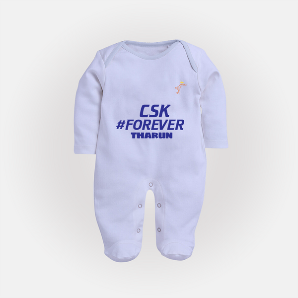 CSK #Forever - Feel The Cricket Fever With Our Customized IPL-Themed Sleep Suit For Babies With Baby Name - BABY BLUE - New Born (Chest 7.5")