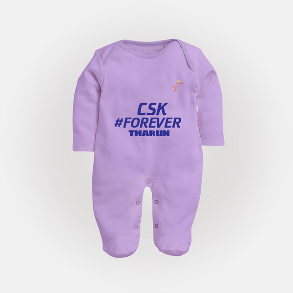 CSK #Forever - Feel The Cricket Fever With Our Customized IPL-Themed Sleep Suit For Babies With Baby Name - LILAC - New Born (Chest 7.5")
