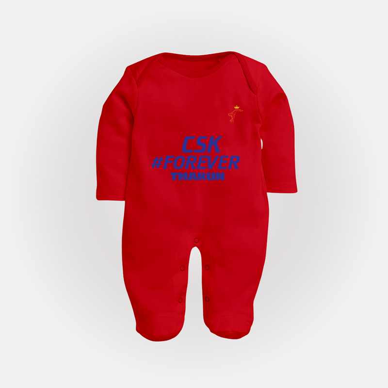 CSK #Forever - Feel The Cricket Fever With Our Customized IPL-Themed Sleep Suit For Babies With Baby Name - RED - New Born (Chest 7.5")