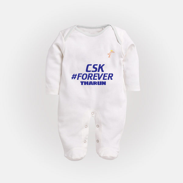 CSK #Forever - Feel The Cricket Fever With Our Customized IPL-Themed Sleep Suit For Babies With Baby Name - WHITE - New Born (Chest 7.5")