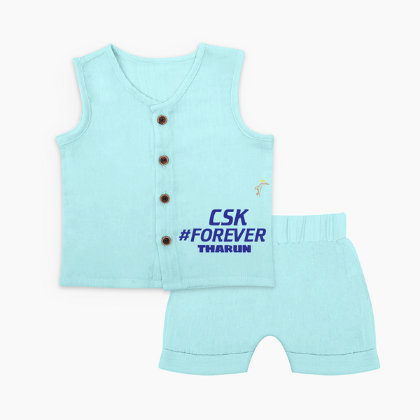 CSK #Forever - Feel The Cricket Fever With Our Customized IPL-Themed Jabla Set With Baby Name - BABY BLUE - 0 - 3 Months Old (Chest 9.8")
