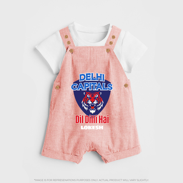 Delhi Capitals "Dil Dilli Hai" - Support Your Favorite Team With Our Customized IPL-Themed Dungaree For Kids With Name - PEACH - 0 - 5 Months Old (Chest 18")