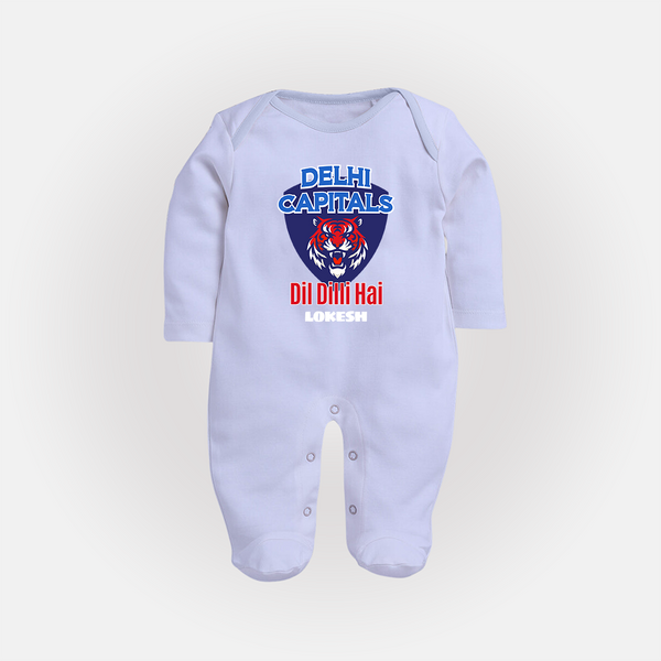 Delhi Capitals "Dil Dilli Hai" - Support Your Favorite Team With Our Customized IPL-Themed Sleep Suit For Babies With Name - BABY BLUE - New Born (Chest 7.5")
