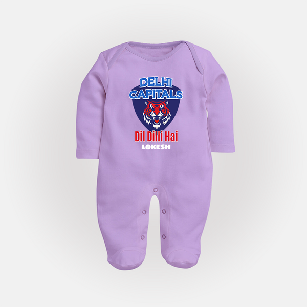 Delhi Capitals "Dil Dilli Hai" - Support Your Favorite Team With Our Customized IPL-Themed Sleep Suit For Babies With Name - LILAC - New Born (Chest 7.5")