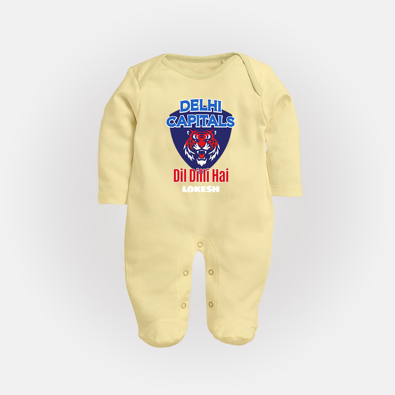 Delhi Capitals "Dil Dilli Hai" - Support Your Favorite Team With Our Customized IPL-Themed Sleep Suit For Babies With Name - PASTEL YELLOW - New Born (Chest 7.5")