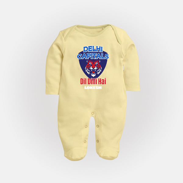 Delhi Capitals "Dil Dilli Hai" - Support Your Favorite Team With Our Customized IPL-Themed Sleep Suit For Babies With Name - PASTEL YELLOW - New Born (Chest 7.5")