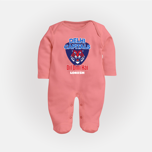 Delhi Capitals "Dil Dilli Hai" - Support Your Favorite Team With Our Customized IPL-Themed Sleep Suit For Babies With Name - PEACH - New Born (Chest 7.5")