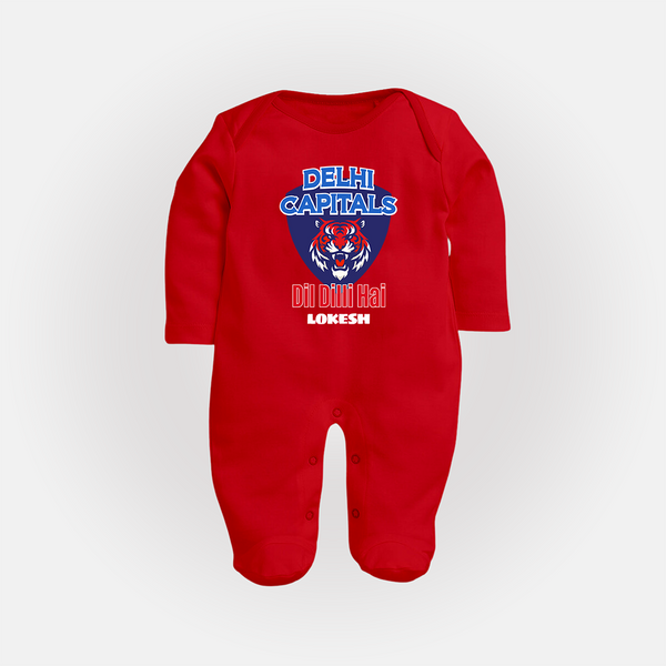 Delhi Capitals "Dil Dilli Hai" - Support Your Favorite Team With Our Customized IPL-Themed Sleep Suit For Babies With Name - RED - New Born (Chest 7.5")