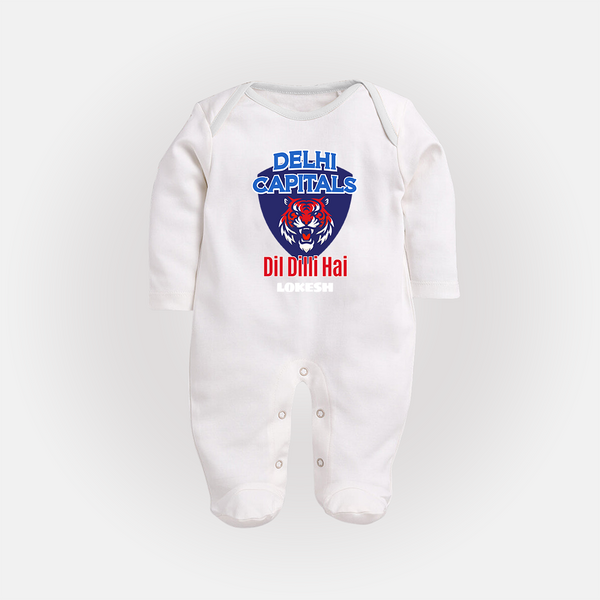 Delhi Capitals "Dil Dilli Hai" - Support Your Favorite Team With Our Customized IPL-Themed Sleep Suit For Babies With Name - WHITE - New Born (Chest 7.5")