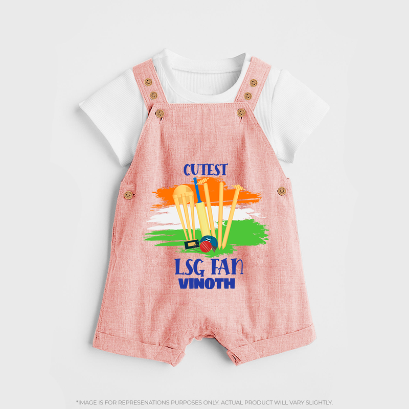 Cutest LSG Fan - Cheer For Your Team With Our Customized IPL-Themed Dungaree For Kids With Name - PEACH - 0 - 5 Months Old (Chest 18")