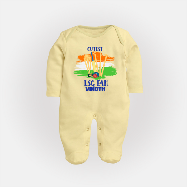 Cutest LSG Fan - Cheer For Your Team With Our Customized IPL-Themed Sleep Suit For Babies With Name - PASTEL YELLOW - New Born (Chest 7.5")