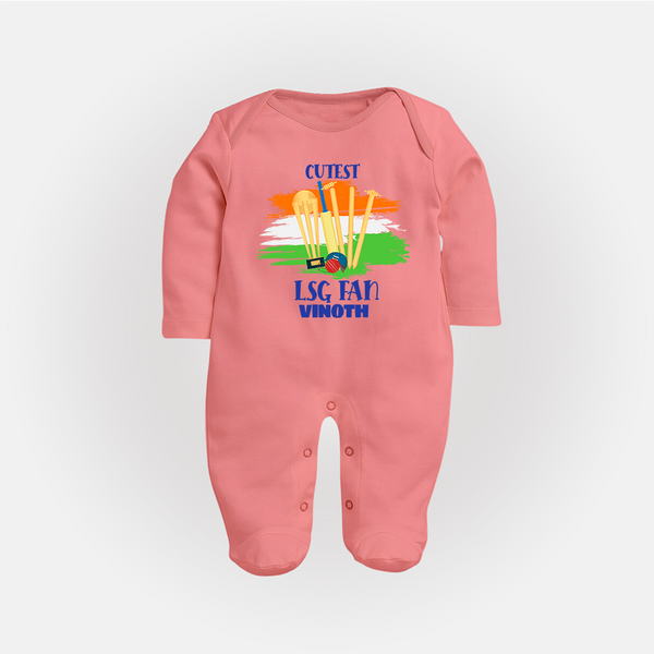 Cutest LSG Fan - Cheer For Your Team With Our Customized IPL-Themed Sleep Suit For Babies With Name - PEACH - New Born (Chest 7.5")