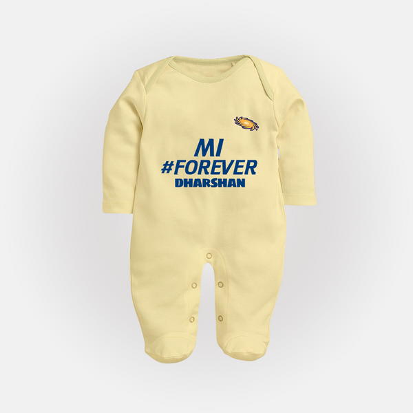 MI #Forever - Get Set For IPL Madness With Our Customized IPL-Themed Sleep Suit For Babies With Name - PASTEL YELLOW - New Born (Chest 7.5")