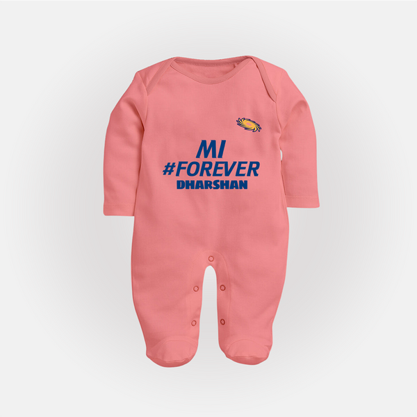 MI #Forever - Get Set For IPL Madness With Our Customized IPL-Themed Sleep Suit For Babies With Name - PEACH - New Born (Chest 7.5")