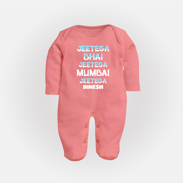 Jeetega Bhai Jeetega, Mumbai Jeetega - Get Set For IPL Madness With Our Customized IPL-Themed Sleep Suit For Babies With Name - PEACH - New Born (Chest 7.5")