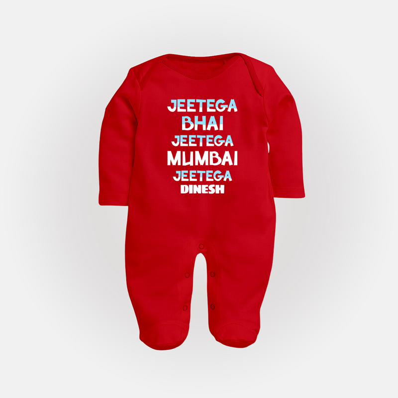 Jeetega Bhai Jeetega, Mumbai Jeetega - Get Set For IPL Madness With Our Customized IPL-Themed Sleep Suit For Babies With Name - RED - New Born (Chest 7.5")