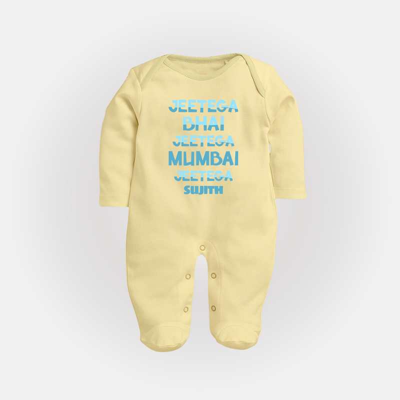 Jeetega Bhai Jeetega, Mumbai Jeetega - Get Set For IPL Madness With Our Customized IPL-Themed Sleep Suit For Babies With Name - PASTEL YELLOW - New Born (Chest 7.5")