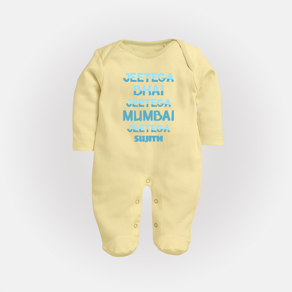 Jeetega Bhai Jeetega, Mumbai Jeetega - Get Set For IPL Madness With Our Customized IPL-Themed Sleep Suit For Babies With Name - PASTEL YELLOW - New Born (Chest 7.5")
