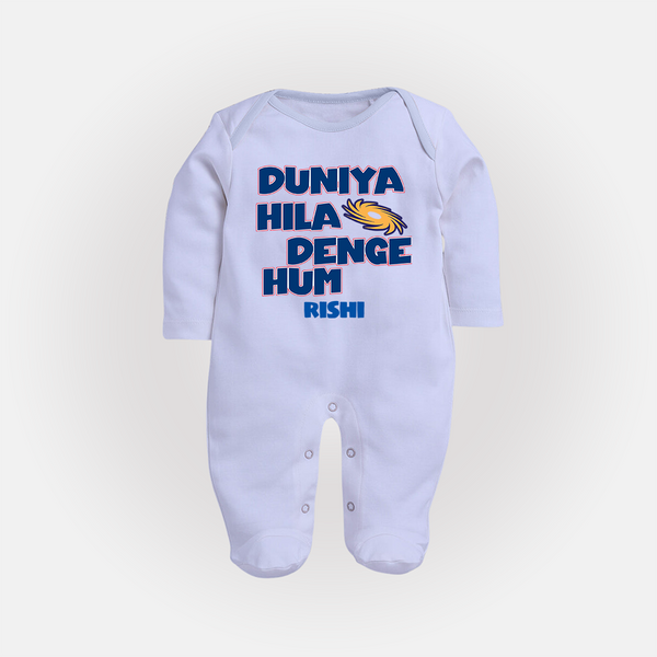 Duniya Hila Denge Hum - Get Set For IPL Madness With Our Customized IPL-Themed Sleep Suit For Babies With Name - BABY BLUE - New Born (Chest 7.5")