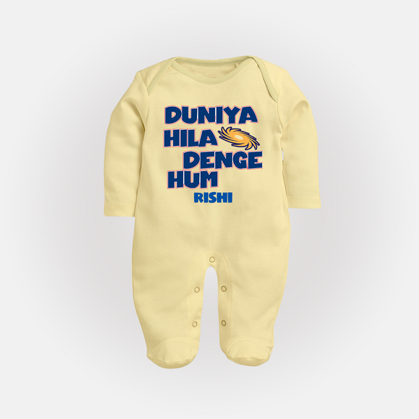 Duniya Hila Denge Hum - Get Set For IPL Madness With Our Customized IPL-Themed Sleep Suit For Babies With Name - PASTEL YELLOW - New Born (Chest 7.5")
