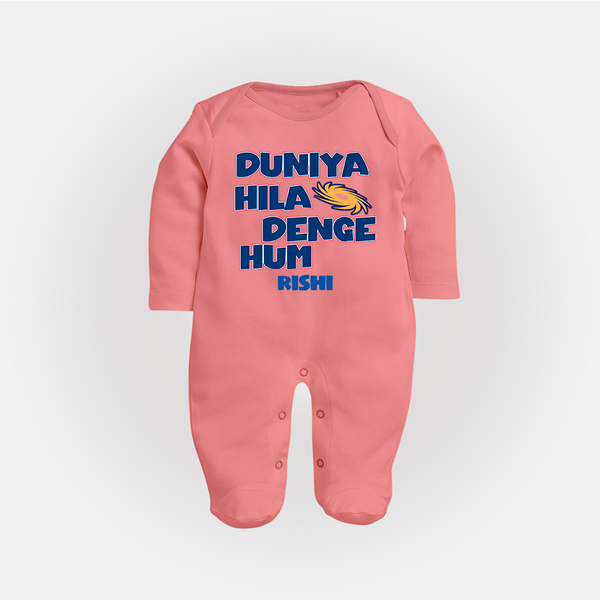 Duniya Hila Denge Hum - Get Set For IPL Madness With Our Customized IPL-Themed Sleep Suit For Babies With Name - PEACH - New Born (Chest 7.5")