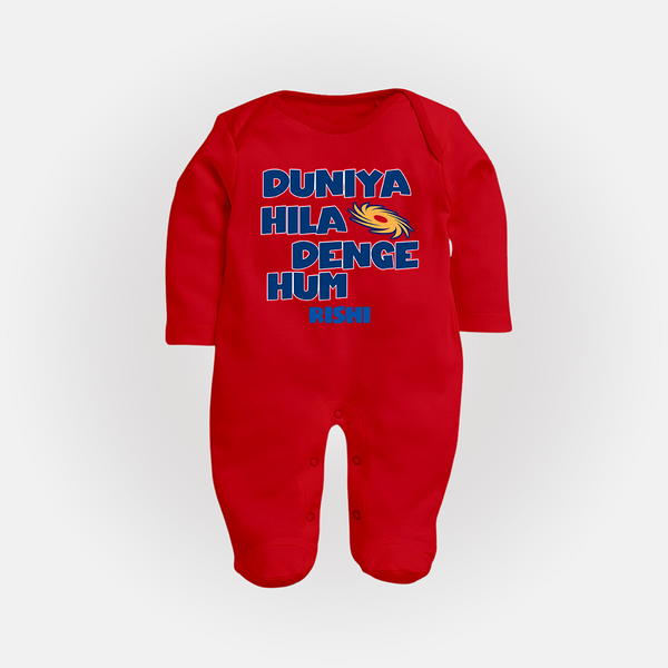 Duniya Hila Denge Hum - Get Set For IPL Madness With Our Customized IPL-Themed Sleep Suit For Babies With Name - RED - New Born (Chest 7.5")