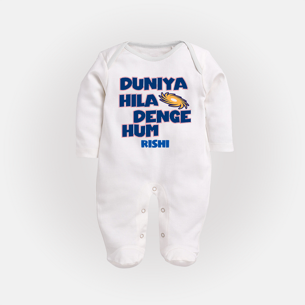 Duniya Hila Denge Hum - Get Set For IPL Madness With Our Customized IPL-Themed Sleep Suit For Babies With Name - WHITE - New Born (Chest 7.5")