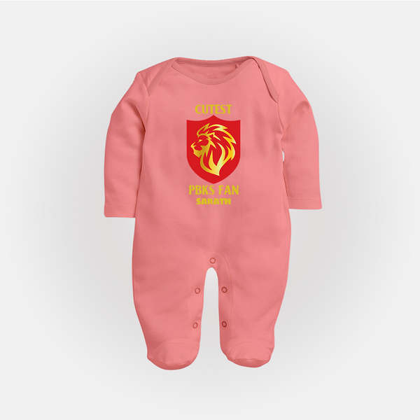 Cutest PBKS Fan - Bring Home The Stadium Vibe With Our Customized IPL Special Sleep Suit For Babies With Name - PEACH - New Born (Chest 7.5")