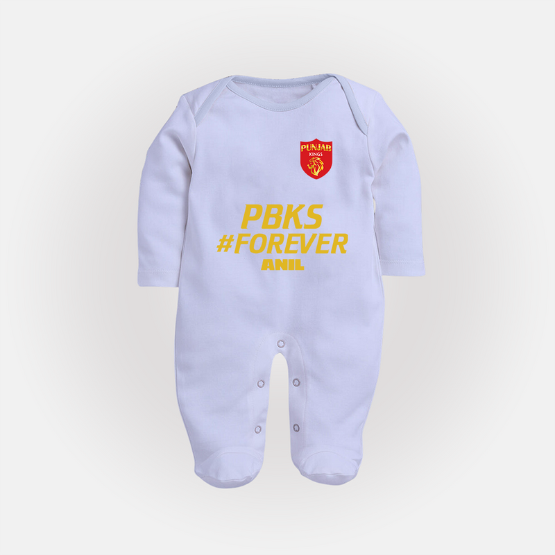 PBKS #Forever - Bring Home The Stadium Vibe With Our Customized IPL Special Sleep Suit For Babies With Name - BABY BLUE - New Born (Chest 7.5")