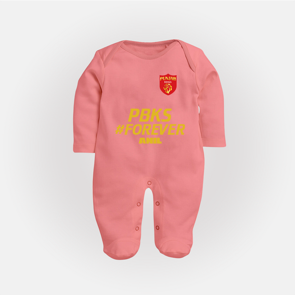 PBKS #Forever - Bring Home The Stadium Vibe With Our Customized IPL Special Sleep Suit For Babies With Name - PEACH - New Born (Chest 7.5")