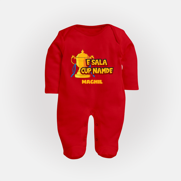 E Sala Cup Namde - Turn Every IPL Moment Into A Style Statement With Our Customized IPL-Themed Sleep Suit For Babies With Name - RED - New Born (Chest 7.5")