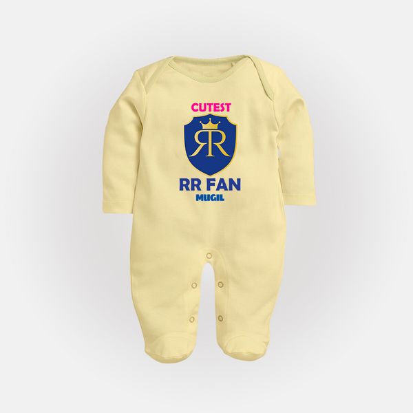 Cutest RR Fan - Make Every Match Day Special With Our Customized IPL-Themed Sleep Suit For Babies With Name - PASTEL YELLOW - New Born (Chest 7.5")