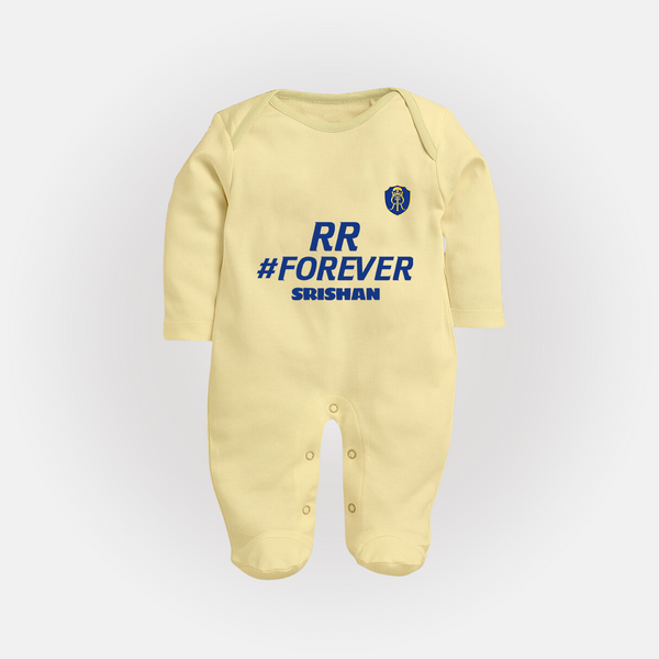 RR #Forever - Make Every Match Day Special With Our Customized IPL-Themed Sleep Suit For Babies With Name - PASTEL YELLOW - New Born (Chest 7.5")