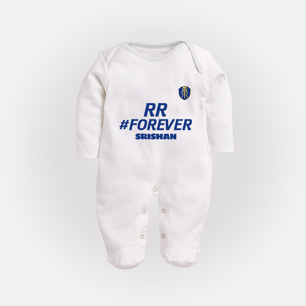RR #Forever - Make Every Match Day Special With Our Customized IPL-Themed Sleep Suit For Babies With Name - WHITE - New Born (Chest 7.5")