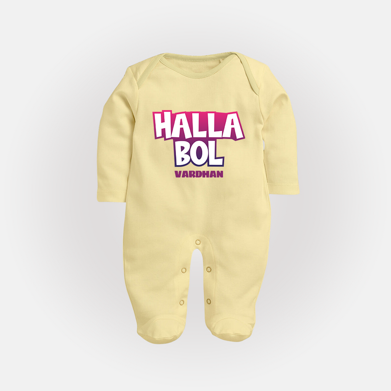 Halla Bol - Make Every Match Day Special With Our Customized IPL-Themed Sleep Suit For Babies With Name - PASTEL YELLOW - New Born (Chest 7.5")