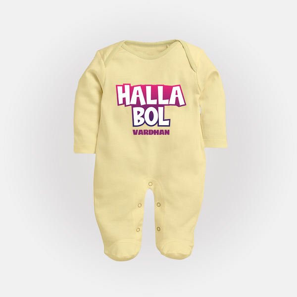 Halla Bol - Make Every Match Day Special With Our Customized IPL-Themed Sleep Suit For Babies With Name - PASTEL YELLOW - New Born (Chest 7.5")