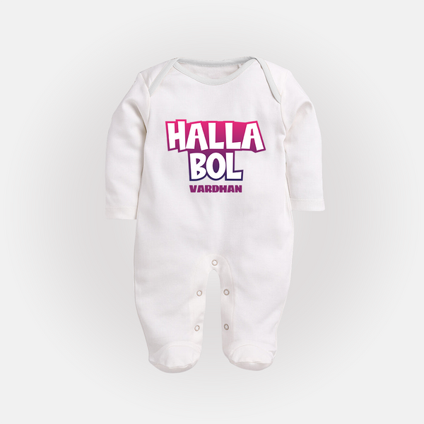 Halla Bol - Make Every Match Day Special With Our Customized IPL-Themed Sleep Suit For Babies With Name - WHITE - New Born (Chest 7.5")
