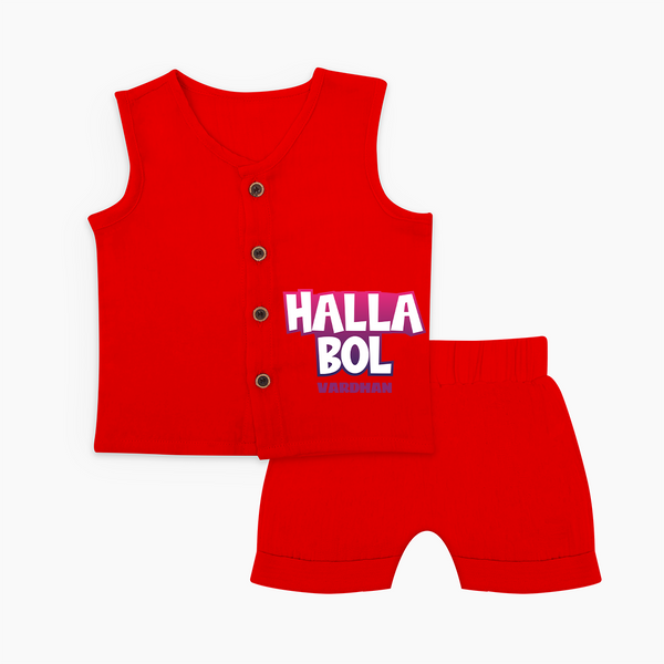 Halla Bol - Make Every Match Day Special With Our Customized IPL-Themed Jabla Set For Babies With Name - RED - 0 - 3 Months Old (Chest 9.8")