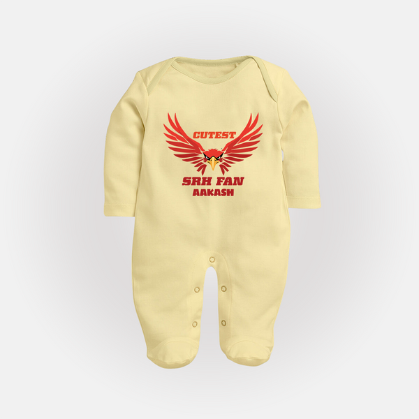 Cutest SRH Fan - Make Every Match Day Special With Our Customized IPL-Themed Sleep Suit For Babies With Name - PASTEL YELLOW - New Born (Chest 7.5")