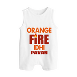 Orange Fire BUTTON ROMPER – Bold Cricket Fan Edition - WHITE - New Born (Chest 18")