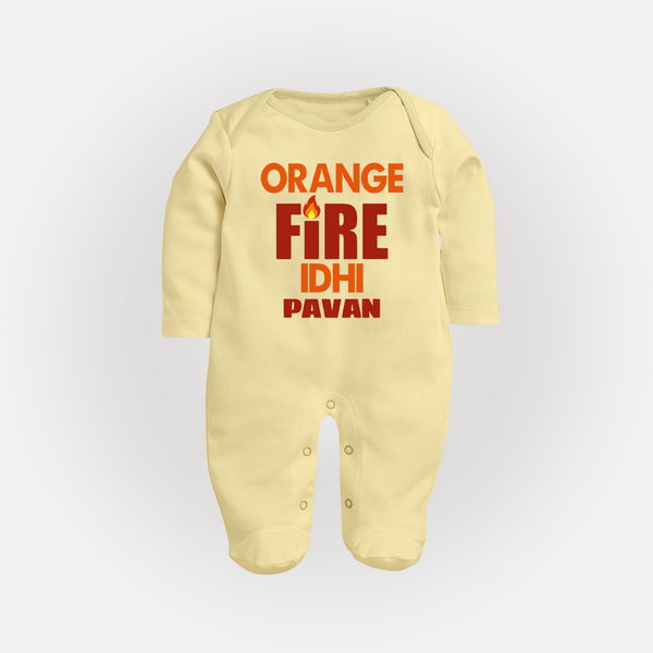 Orange Fire FULL BODY SUIT – Bold Cricket Fan Edition - PASTEL YELLOW - New Born (Chest 7.5")