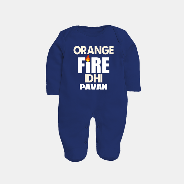 Orange Fire FULL BODY SUIT – Bold Cricket Fan Edition - NAVY BLUE - New Born (Chest 7.5")