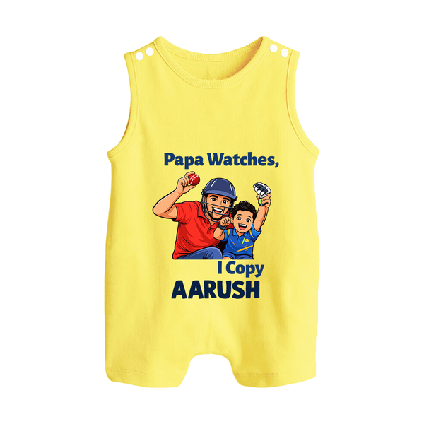 Papa Watches I Copy BUTTON ROMPER – Father & Son Cricket Outfit - PASTEL YELLOW - New Born (Chest 18")