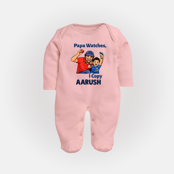 Papa Watches I Copy FULL BODY SUIT – Father & Son Cricket Outfit - BABY PINK - New Born (Chest 7.5")